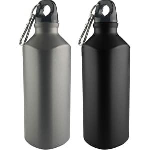 A drink bottle set featuring one silver and one black bottle, both with a detachable carabiner and logo.
