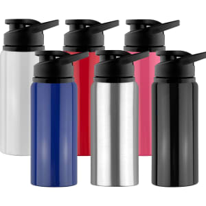 A drink bottle collection featuring white, blue, silver, black, red, and pink colours, each with a flip-top lid and branding.