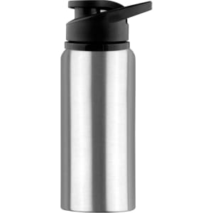 A drink bottle in silver stainless steel with a black lid and spout, featuring a logo.