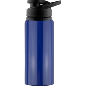 A drink bottle in navy blue with a black lid and spout, featuring a logo.