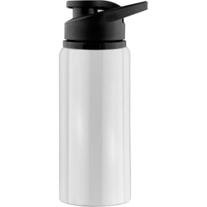 A drink bottle in white with a black lid and spout, featuring a logo on the body.