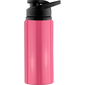 A drink bottle in bright pink with a black lid and spout, featuring a logo.