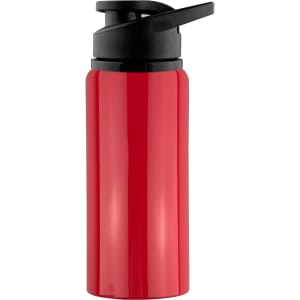 A drink bottle in bright red, featuring a black flip-top lid and a sleek design, includes a logo.