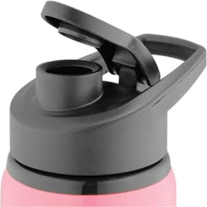 A drink bottle featuring a pink body and a black lid, equipped with a flip-top cap and a handle.