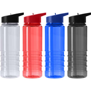 A drink bottle collection featuring clear, red, blue, and black options, each with a black flip top and logo.