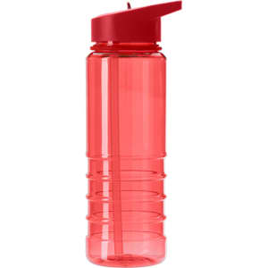 A drink bottle in transparent red with a matching lid and straw, featuring a ridged design and a logo.