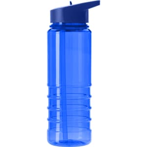 A drink bottle in a vibrant blue colour with a screw-on lid and a built-in straw, featuring a logo.
