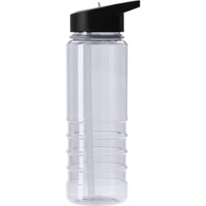 A drink bottle with a clear body and a black lid, featuring a straw and ribbed design for grip.