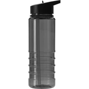 A drink bottle in translucent grey with a black lid and built-in straw, featuring a ribbed design.