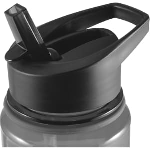 A drink bottle with a grey body and a black lid featuring a spout and handle. It includes a branding logo.