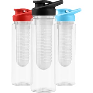 A drink bottle set featuring three transparent containers with black, red, and blue caps, each with an infuser inside.