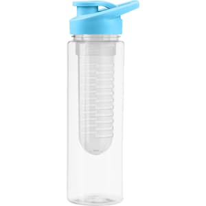 A drink bottle in clear plastic with a light blue lid and a built-in infuser for flavouring beverages.