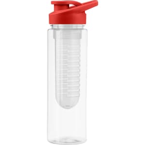 A drink bottle in clear plastic with a red lid and a built-in infuser element. It features a logo.