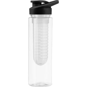 A drink bottle in clear plastic with a black lid and a built-in infuser for flavouring beverages.