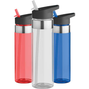 A drink bottle set featuring red, clear, and blue bottles with black lids and integrated straws. Each bottle has a sleek design.