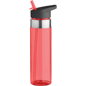 A drink bottle in vibrant red with a black lid and straw, featuring a silver band around the top.