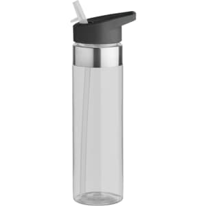 A drink bottle made of clear plastic with a grey lid and straw. It features a metallic band around the top.