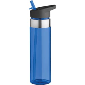 A drink bottle in clear blue plastic with a black lid and straw, featuring a silver band at the top.