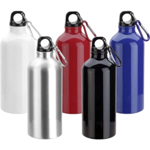 A drink bottle collection featuring white, silver, red, blue, and black options, each with a carabiner clip.