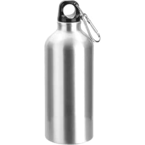 A drink bottle made of shiny stainless steel with a black cap and a carabiner for attachment.