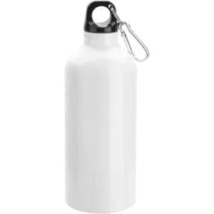 A drink bottle in white with a black lid and a metal carabiner attached. Features a smooth, glossy finish.
