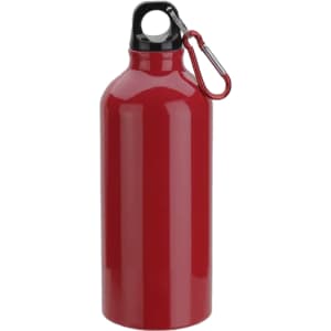A drink bottle in vibrant red with a black cap and a carabiner for easy attachment. It features a logo.