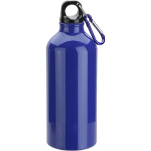 A drink bottle in a vibrant blue colour with a black lid and a carabiner clip attached.