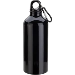 A drink bottle in glossy black with a carabiner attachment and a rounded body, featuring a logo.