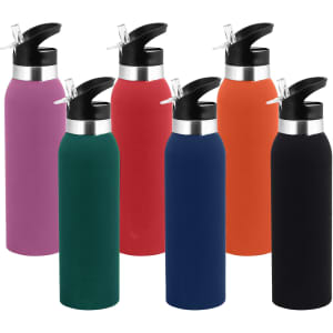 A drink bottle collection featuring six bottles in purple, green, blue, black, orange, and red, with black lids and silver accents.