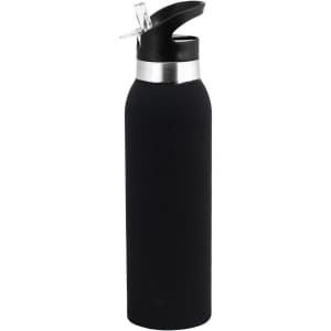 A drink bottle in matte black with a silver band near the top and a flip-top spout. Features a logo.