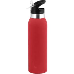 A drink bottle in red with a black lid and a silver accent. It features a flip-top spout and a sleek design.