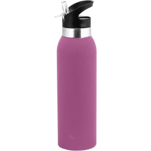 A drink bottle in a sleek purple design with a black top and spout, featuring a logo.