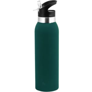 A drink bottle in a deep green hue with a black lid and silver detailing, featuring a logo on the side.