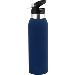 A drink bottle in navy blue with a silver band and a black flip-top lid. It features a logo.