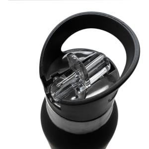 A drink bottle in black with a clear cap and spout, featuring a handle for easy carrying.