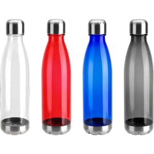 A drink bottle collection featuring clear, red, blue, and grey designs with stainless steel bases and caps.