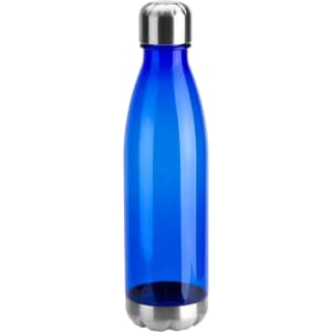 A drink bottle featuring a sleek blue plastic body and a stainless steel cap, with a logo present.