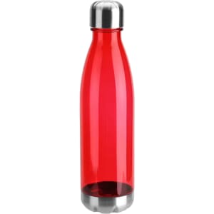 A drink bottle in bright red with a stainless steel lid and base, featuring a sleek, modern design and a logo.