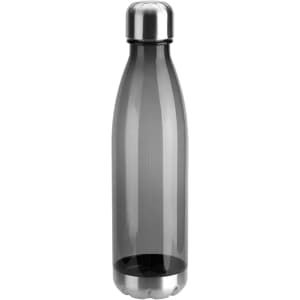 A drink bottle in a sleek grey design with a stainless steel lid and base, featuring a logo.