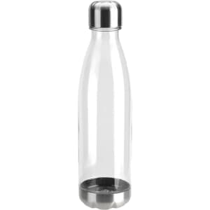 A drink bottle made of clear plastic with a stainless steel top and bottom. Features a sleek, modern design.