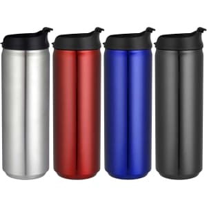 A drink bottle in silver, red, blue, and black, featuring a black lid and a logo on each bottle.