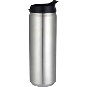 A drink bottle in metallic silver with a black lid and a logo on the body.