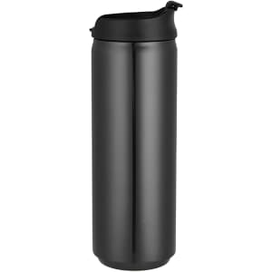 A drink bottle in sleek black with a flip-top lid and a minimalist design, featuring a branding logo.