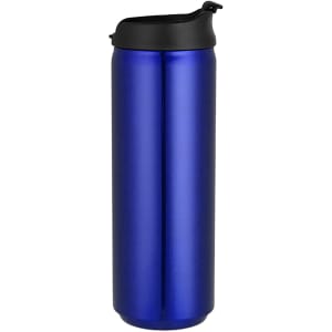 A drink bottle in a sleek blue finish with a black cap and a simple design. It features a logo.