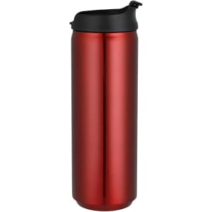 A drink bottle in a sleek red finish with a black lid and a logo. Ideal for beverages on the go.