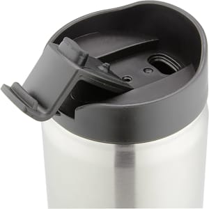 A drink bottle with a stainless steel body and a black lid featuring a flip-top spout.