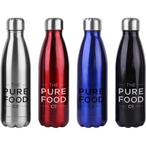 A drink bottle collection featuring silver, red, blue, and black metal bottles, each with a logo.