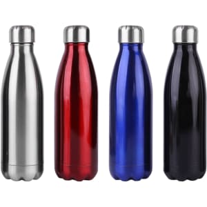 A drink bottle collection featuring silver, red, blue, and black metal bottles with stainless steel caps and a logo.