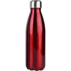 A drink bottle in shiny red metal with a silver lid, featuring a branded logo.