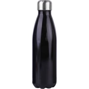 A drink bottle in black metal with a silver cap, featuring a sleek, curved design and a visible logo.